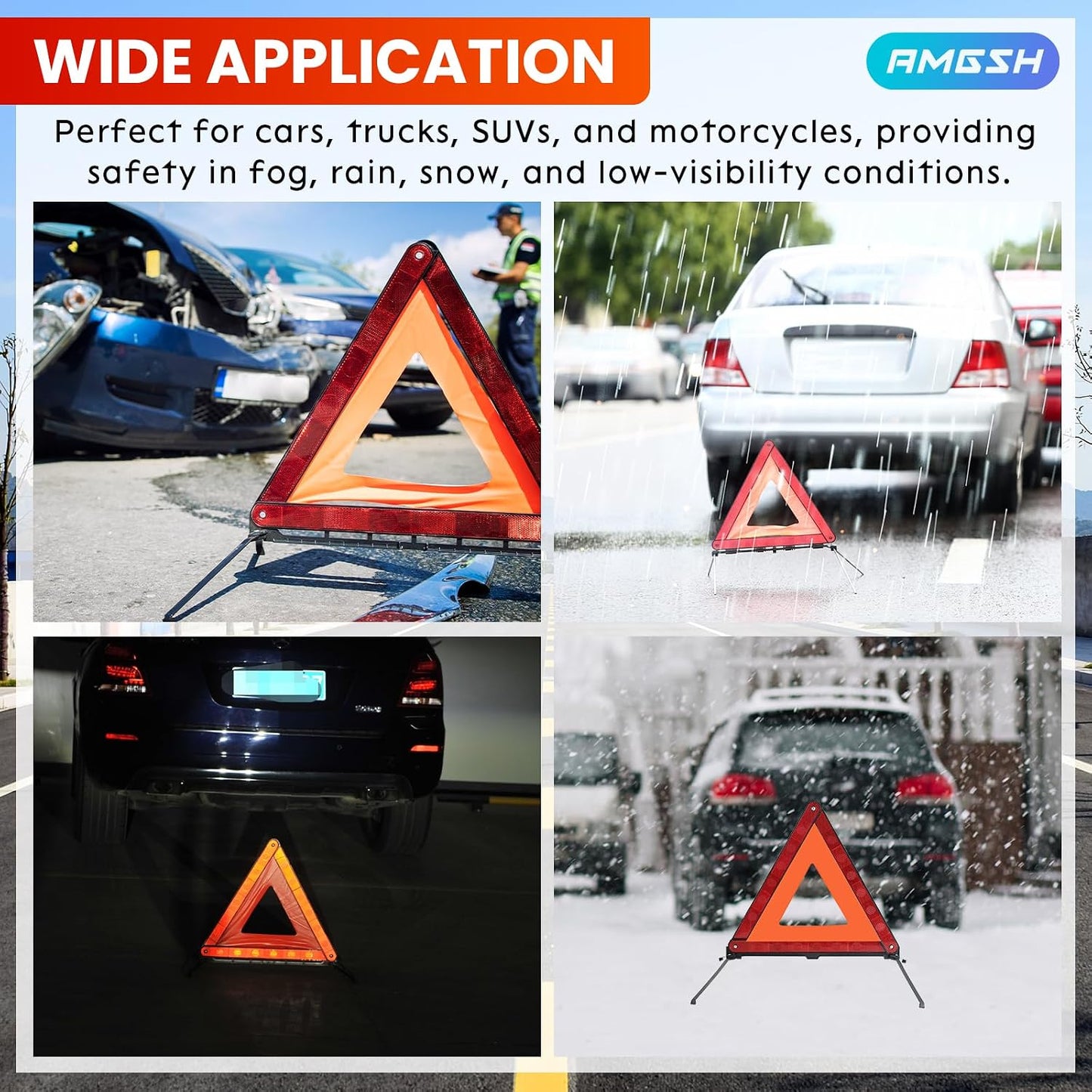 3Pack Safety Triangles Kit, Reflective Triangles Roadside, Standard Emergency Triangles with Case Warning Triangles for Vehicles Breakdown