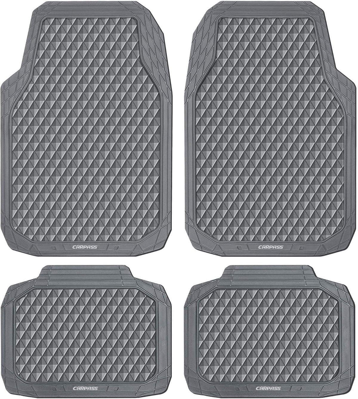 CAR PASS Black Rubber Car Mats, All-Weather Floor Mats Full Set Durable Anti-Slip 3D Rhombus Waterproof Automotive Pad Trim to Fit Liner Universal Fit for Sedan SUV Truck Van, 4 Pcs All Black Rubber