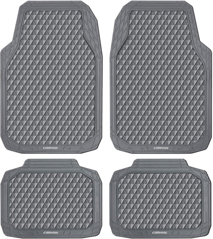 CAR PASS Black Rubber Car Mats, All-Weather Floor Mats Full Set Durable Anti-Slip 3D Rhombus Waterproof Automotive Pad Trim to Fit Liner Universal Fit for Sedan SUV Truck Van, 4 Pcs All Black Rubber