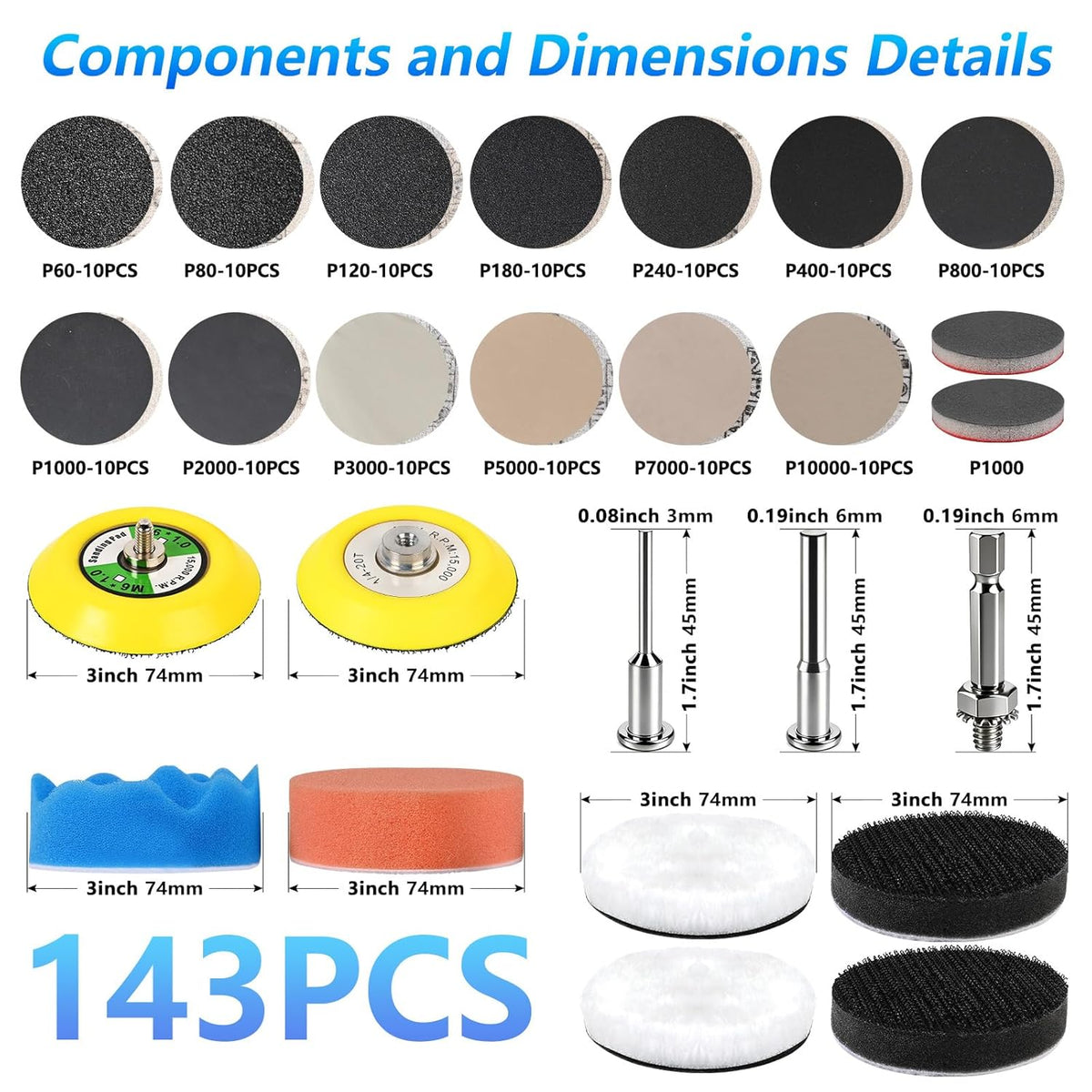 143 PCS 3 Inch 60-10000 Grit Headlight Restoration Kit, Wet Dry Hook and Loop Sanding Discs, Drill Polishing Kit Equipped with Sandpaper Pads and Rotary Tools for Wood, Metal, Glass and Small Jobs