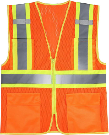 High Visibility Reflective Safety Vest with Zipper and Pockets Orange,M