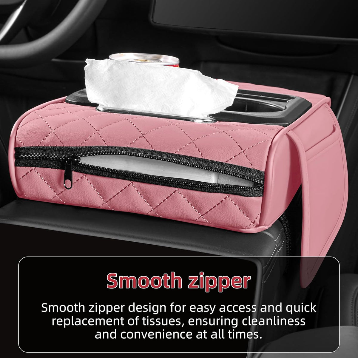 5 in 1 Car Center Console Cover, Armrest Pad with 2 Storage Pockets, Cup Holder, Tissue Slot, Phone Holder, Nappa Leather Memory Foam Car Accessories for SUV Sedan Truck (Black)