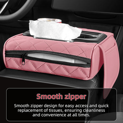 5 in 1 Car Center Console Cover, Armrest Pad with 2 Storage Pockets, Cup Holder, Tissue Slot, Phone Holder, Nappa Leather Memory Foam Car Accessories for SUV Sedan Truck (Black)