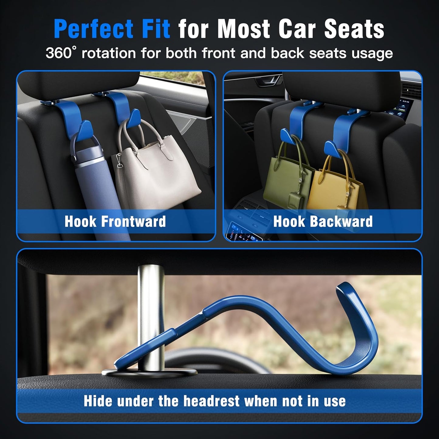 Amooca 4-Pack Car Headrest Hooks Vehicle Storage Organizer for Purses Handbags Groceries Backpack Coats –Holds 55lbs 360° Rotating Black