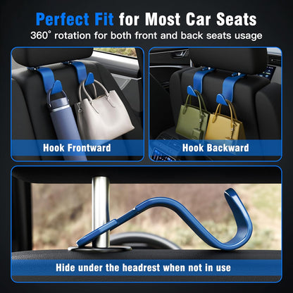 Amooca 4-Pack Car Headrest Hooks Vehicle Storage Organizer for Purses Handbags Groceries Backpack Coats –Holds 55lbs 360° Rotating Black