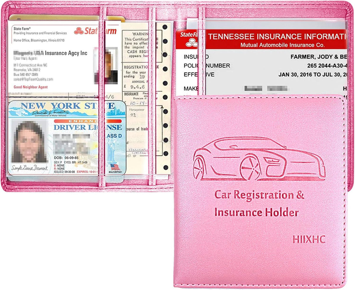 Car Registration and Insurance Card Holder - Leather Vehicle Glove Box Automobile Documents Paperwork Wallet Case Organizer for ID, Driver's License, Key, Cards - Car Accessories for Women&Men