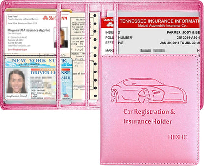 Car Registration and Insurance Card Holder - Leather Vehicle Glove Box Automobile Documents Paperwork Wallet Case Organizer for ID, Driver's License, Key, Cards - Car Accessories for Women&Men