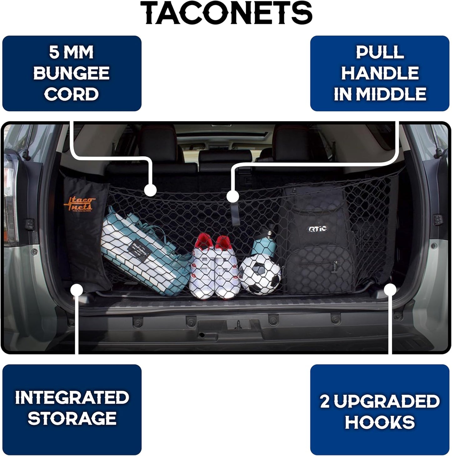 TacoNets Envelope Cargo Net for GMC Sierra & Chevy Silverado - Fits 2013-Current - Upgraded 5mm Bungee - Integrated Storage Bag - Heavy Duty Carabiners - Designed in USA
