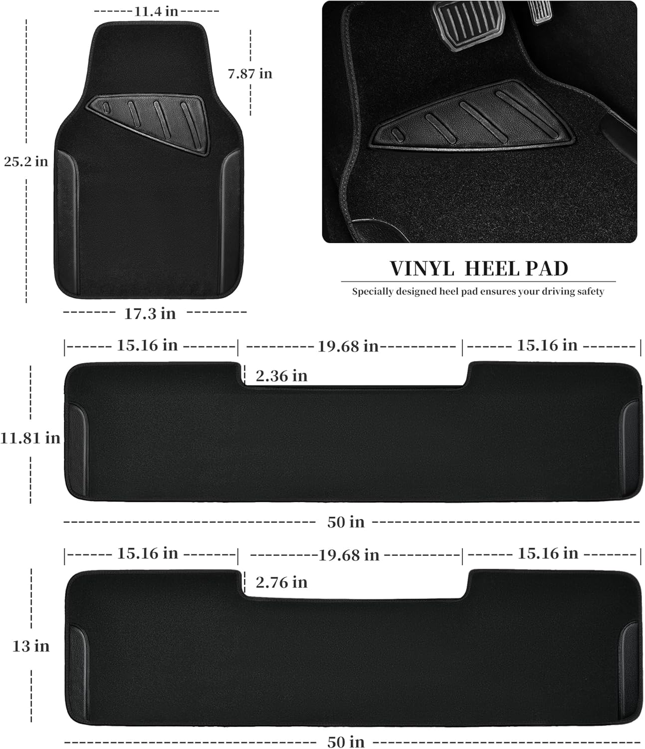 CAR PASS Waterproof Universal Fit Car Floor Mats, Faux Leather Car Carpet Mats, Black Car Mats with Anti-Slip Nibbs Backing & Driver Heel Pad Fit for SUV,Vans,sedans, Trucks,Set of 4pcs(All Black)