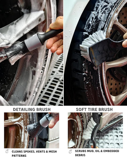 oesee 8PCS Wheel Cleaning Kit with Microfiber Brush & Rubber Grip Tire Brush, Twist Loop Drying Towel, Detailing Brush, Applicator for Car Rim and Tire Care