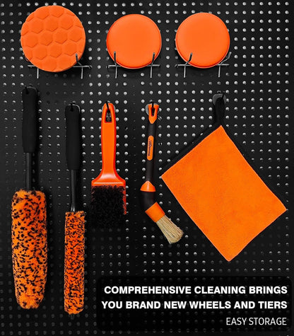 YeewayVeh 3PCS Quick Car Wheel Brush Kit, 2-Size 360° Bendale Rim Cleaner Brushes, Boars Hair Detailing Brush, Fast Scratch-Free Cleaning for Car Wheels, Motorcycle, Orange