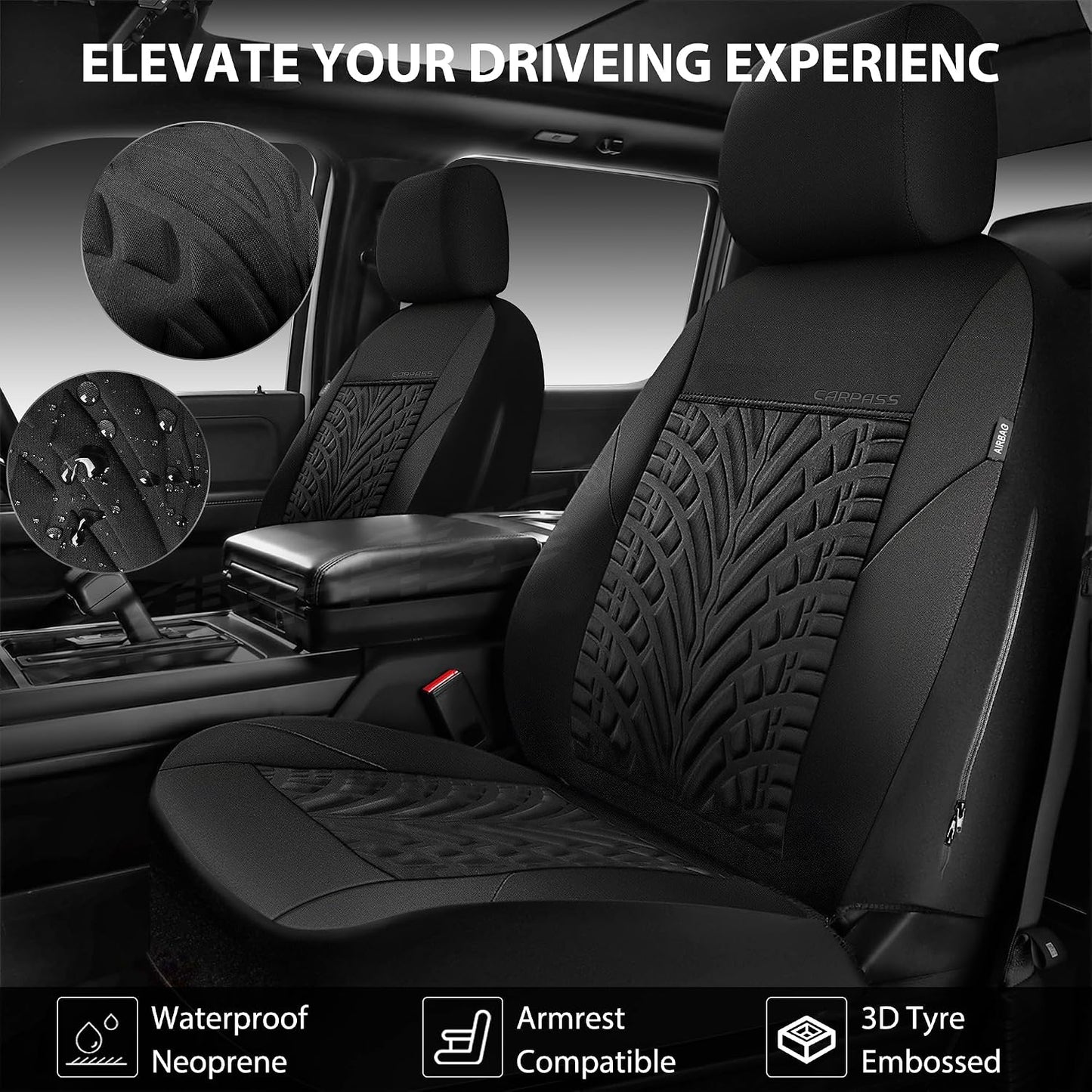 CAR PASS Car Seat Covers Full Sets, Front & Split Rear Bench for Car, 3D Tyre Embossed Automotive Interior Covers, Airbag Compatible, Quick Setup Universal Fit Seat Covers for Car, SUV(Charcoal)