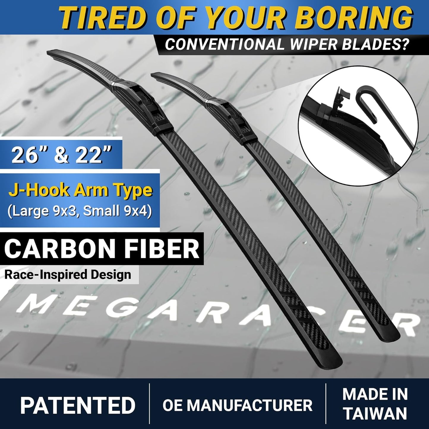 Premium Silicone Carbon Fiber Windshield Wiper Blades 22" & 20" - Patented All-Season, Quiet & Smooth Streak-Free Clean Wipe, OEM Quality, Front Automotive Replacement Wipers for Car & Truck (2 Pack)