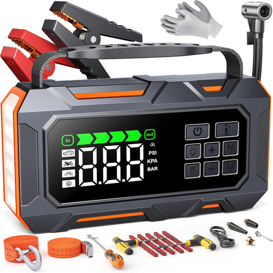 TREKURE 16-in-1 8000A Car Battery Jump Starter with Air Compressor 160PSI, Jump Starter Jump Box (All Gas 12L Diesel) with Portable Jumper Cables, Auto-Shutoff Tire Inflator, Gloves, Tow Rope