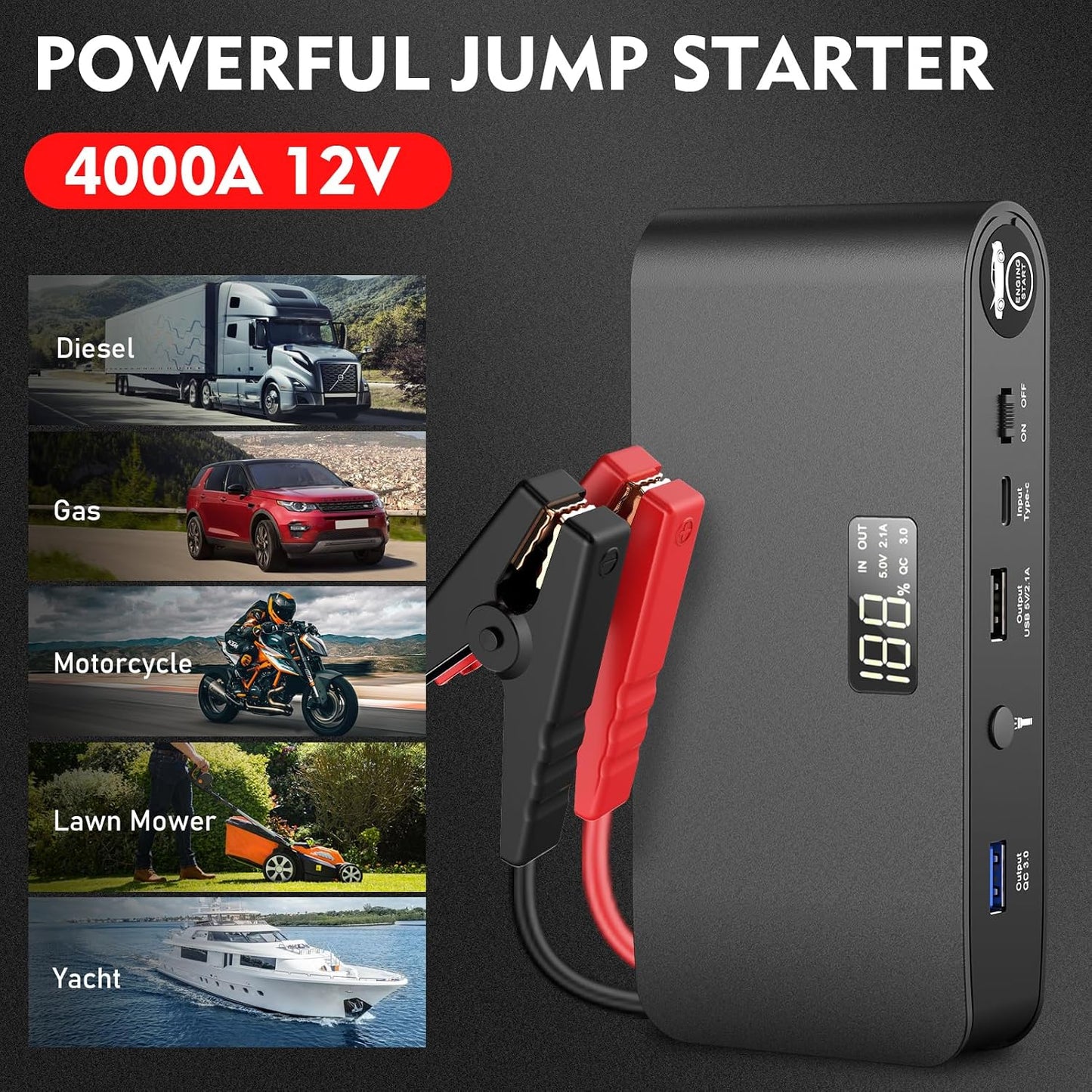 BOOKOO Car Battery Jump Starter 4000A,16000mAh Portable Battery Jumper Cables for Car 8L Gas 7L Diesel Engines,Jump Box with USB QC 3.0 PD 18W Fast Charging,3 LED Modes with SOS for Emergency Use