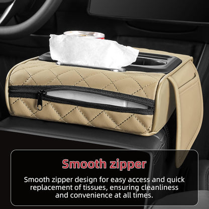 5 in 1 Car Center Console Cover, Armrest Pad with 2 Storage Pockets, Cup Holder, Tissue Slot, Phone Holder, Nappa Leather Memory Foam Car Accessories for SUV Sedan Truck (Black)