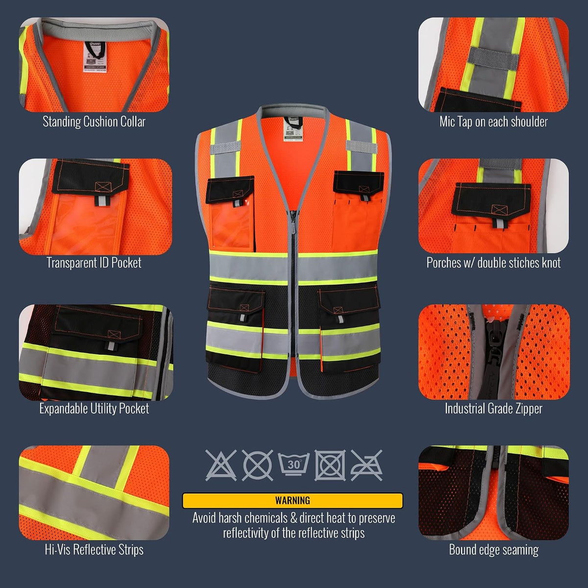 JKSafety Safety Vest for Men Women Hi Vis with Pockets and Cushioned Collar Construction Vest Meet ANSI Standard (BX360)