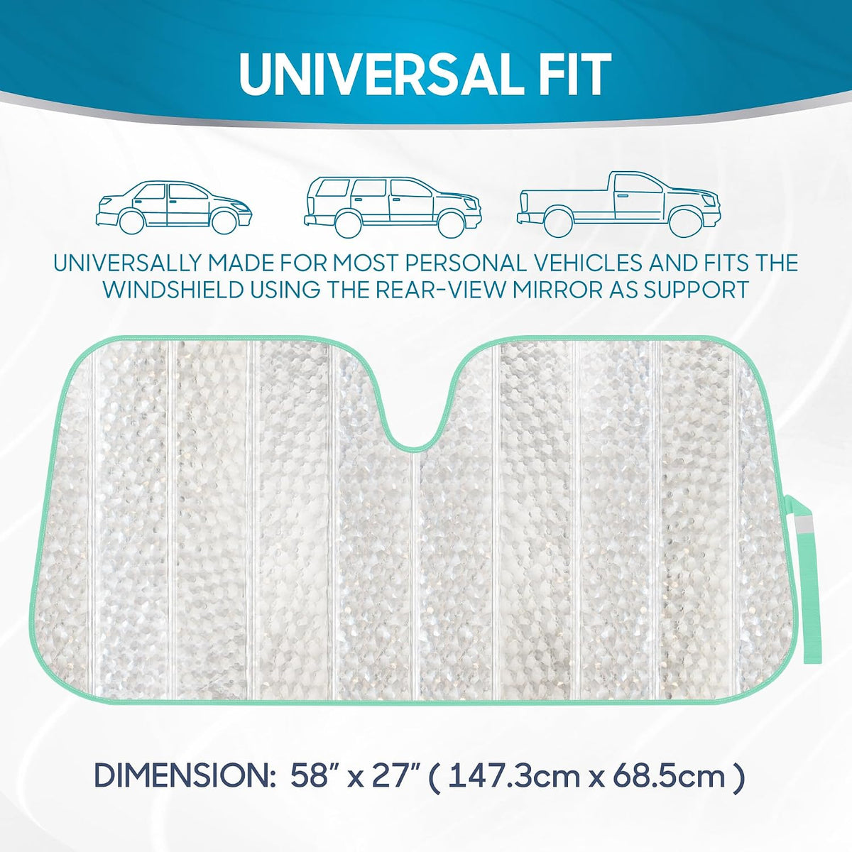 Iridescent Matte White Front Windshield Sunshade-Accordion Folding Auto Shade for Car Truck SUV-Blocks UV Rays Sun Visor Protector-Keeps Your Vehicle Cool- 58 x 27 in
