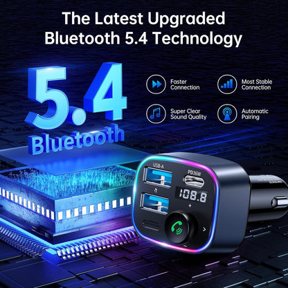Syncwire Bluetooth 5.4 FM Transmitter Car Adapter 48W (PD 36W & 12W) [Light Switch] [HiFi Bass Sound] [Fast Charging] Wireless Radio Music Adapter LED Display Hands-Free Calling Support USB Drive
