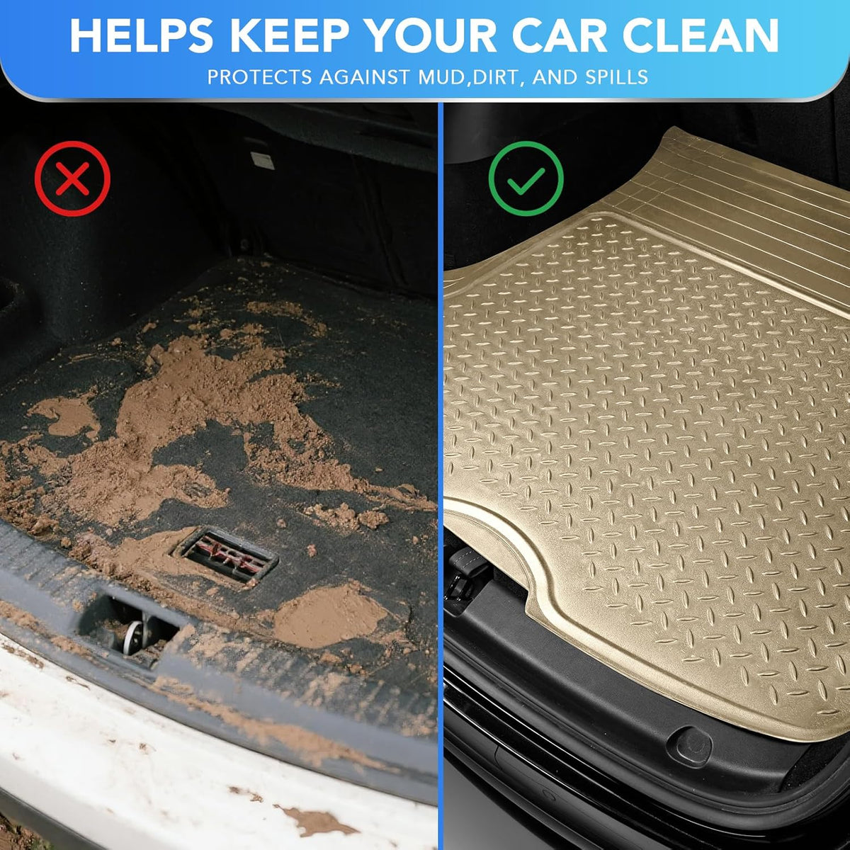 PIC AUTO Heavy Duty Cargo Liner, Trimmable All-Weather Rubber Trunk Mat for Cars, SUVs, Vans & Trucks, Anti-Slip Backing, Durable Protection, Large, Black