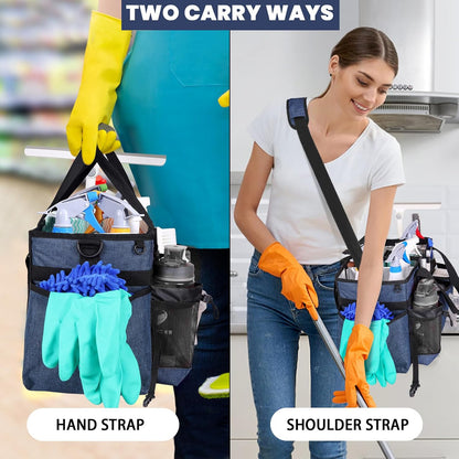 Large Cleaning Caddy Bag Built-in Sturdy Support Board, Cleaning Organizer with Detachable Divider, Cleaning Supply Tote with Adjustable Shoulder Strap&Waist Belt for Cleaners & Housekeeper