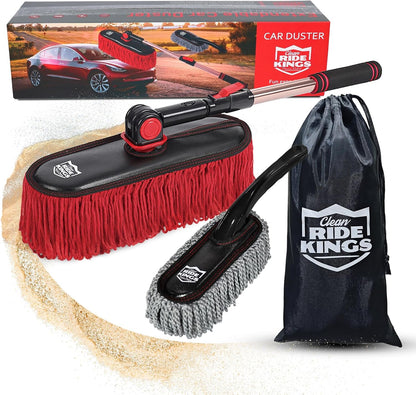 Car Duster Exterior Scratch Free with Extendable Handle, Microfiber Car Cleaning Brush for Dust Removal + Small Detailing Brush for Interior Care