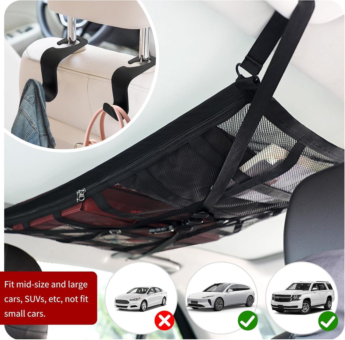 Car Ceiling Cargo Net with 2*Headrest Hook,Large Capacity Anti-Fall Cargo Net for Inside Car Roof Keeps Cars Interior Tidy,Universal Ceiling Cargos Nets for Mid & Large Cars/SUVs