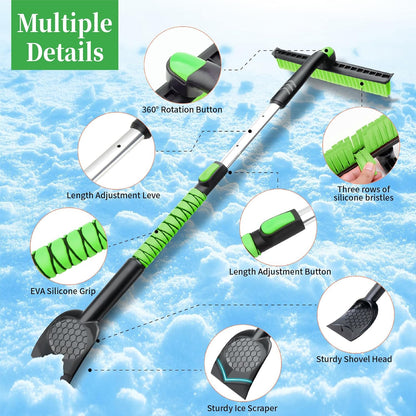 45.6" Ice Scraper and Snow Brush for Car Windshield [Silicone Bristles] ,3-in-1 Extendable Emergency Snow Shovel with Ergonomic Foam Grip and 360° Pivoting Brush Head for Christmas, Car Auto Truck SUV