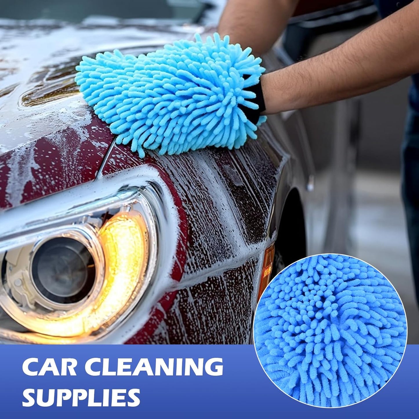4Pcs Car Wash Mitt Microfiber Gloves Chenille Material Microfiber Towels for Car Washing Supplies Kit Scratch Free Cleaning Fluorescent Green + Royal Blue