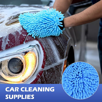 4Pcs Car Wash Mitt Microfiber Gloves Chenille Material Microfiber Towels for Car Washing Supplies Kit Scratch Free Cleaning Fluorescent Green + Royal Blue
