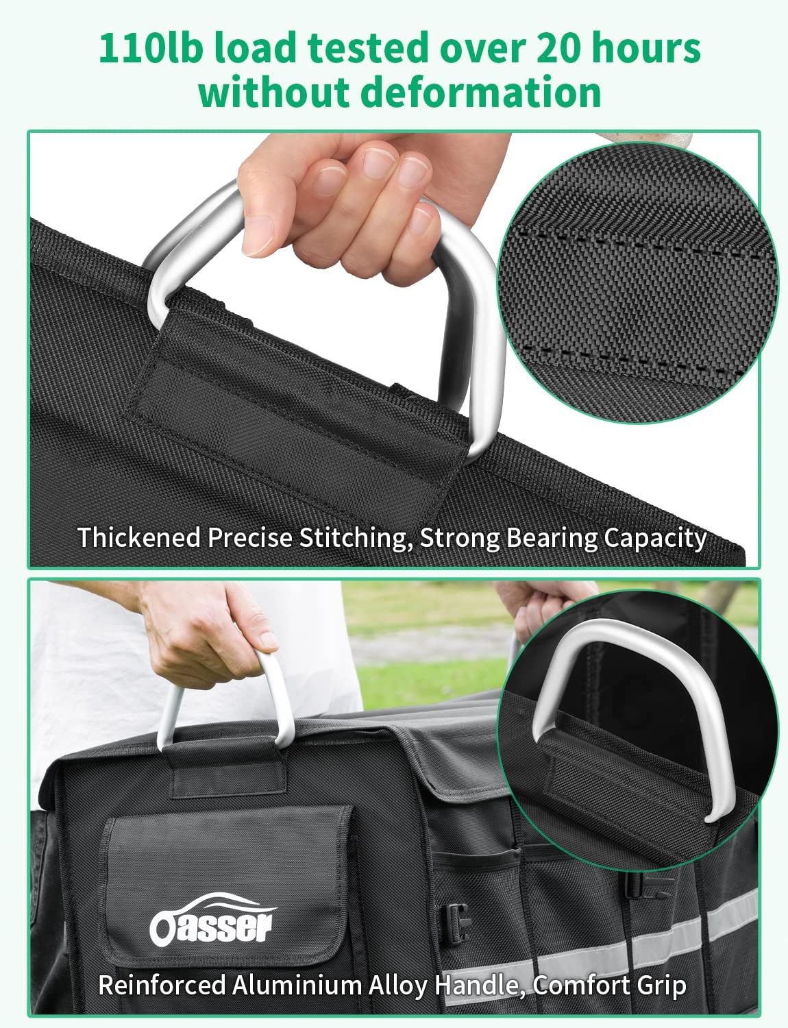 Oasser Car Trunk Organizer, 3 Compartments Collapsible Waterproof Car Organizer Storage with Foldable Cover, Reflective Strip, Non-Slip Bottom, 4 Mesh Pockets for SUV/Truck/Sedan/Camping/Road Trip