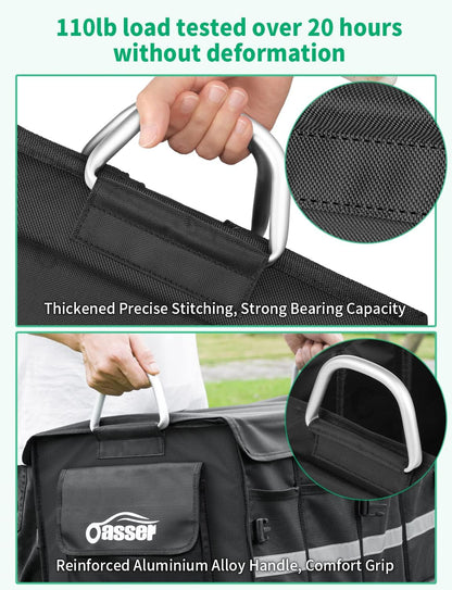 Oasser Car Trunk Organizer, 3 Compartments Collapsible Waterproof Car Organizer Storage with Foldable Cover, Reflective Strip, Non-Slip Bottom, 4 Mesh Pockets for SUV/Truck/Sedan/Camping/Road Trip