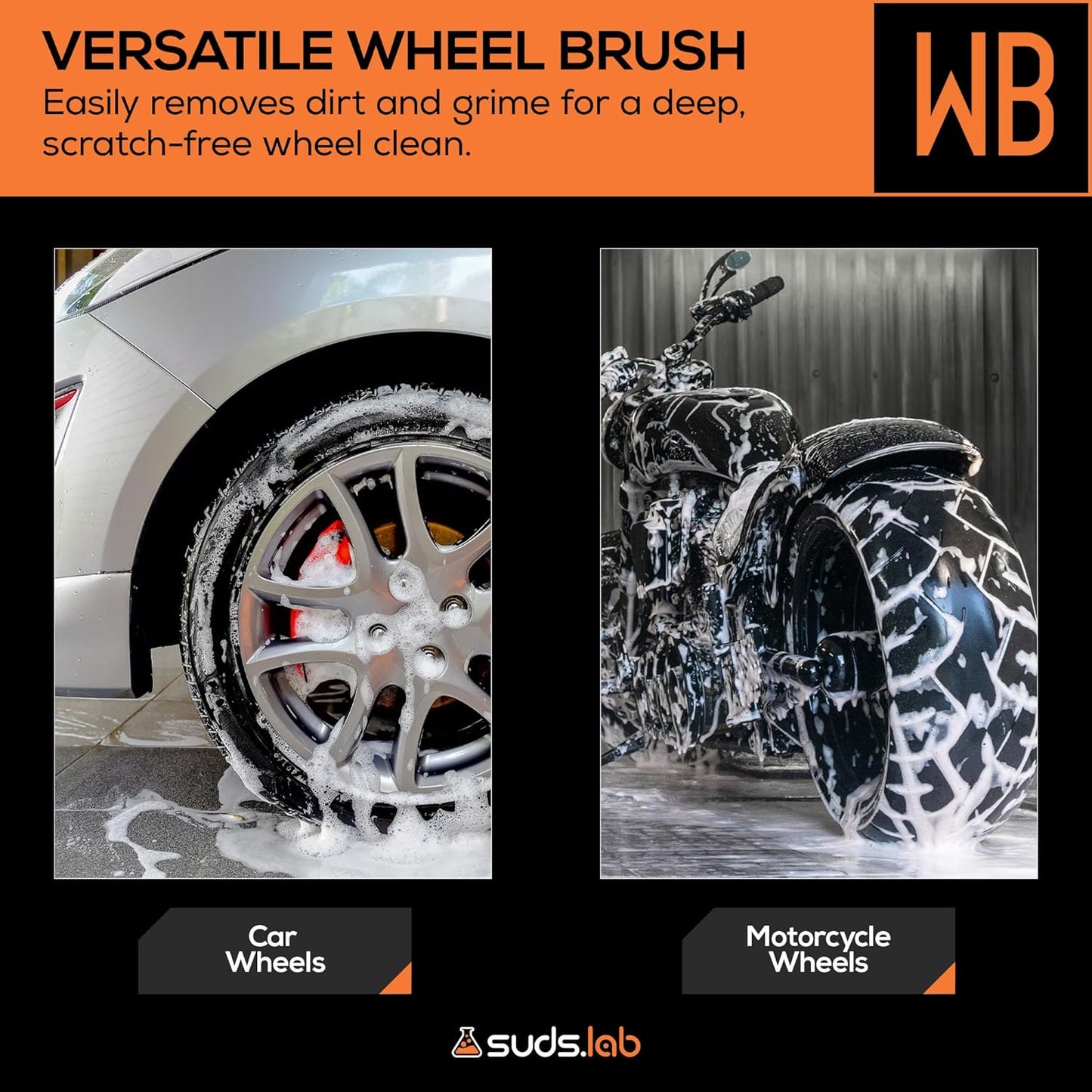 Suds Lab WB Premium Detailing Wheel Brush for All Vehicle Types – 17.7" Ultra-Soft and Scratch-Free Reusable Rim, Wheel, and Tire Brush for Deep Cleaning