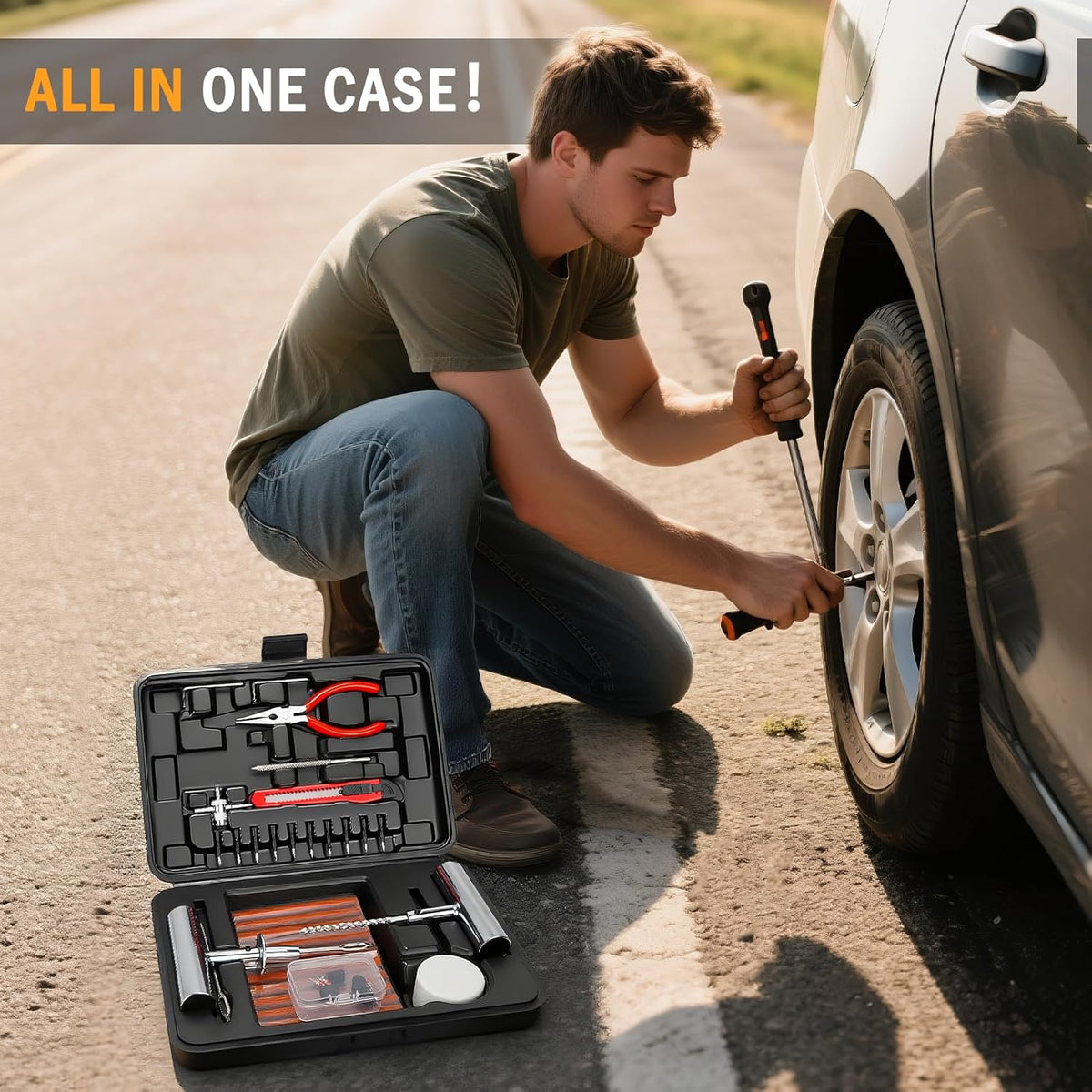 ORCISH Heavy Duty Tire Plug Kit - 70pcs All-in-One Universal Tire Repair Kit for Tubeless Flats, Emergency Tire Patch Kit for Car, Truck, SUV, ATV, Motorcycle, Trailer & RV