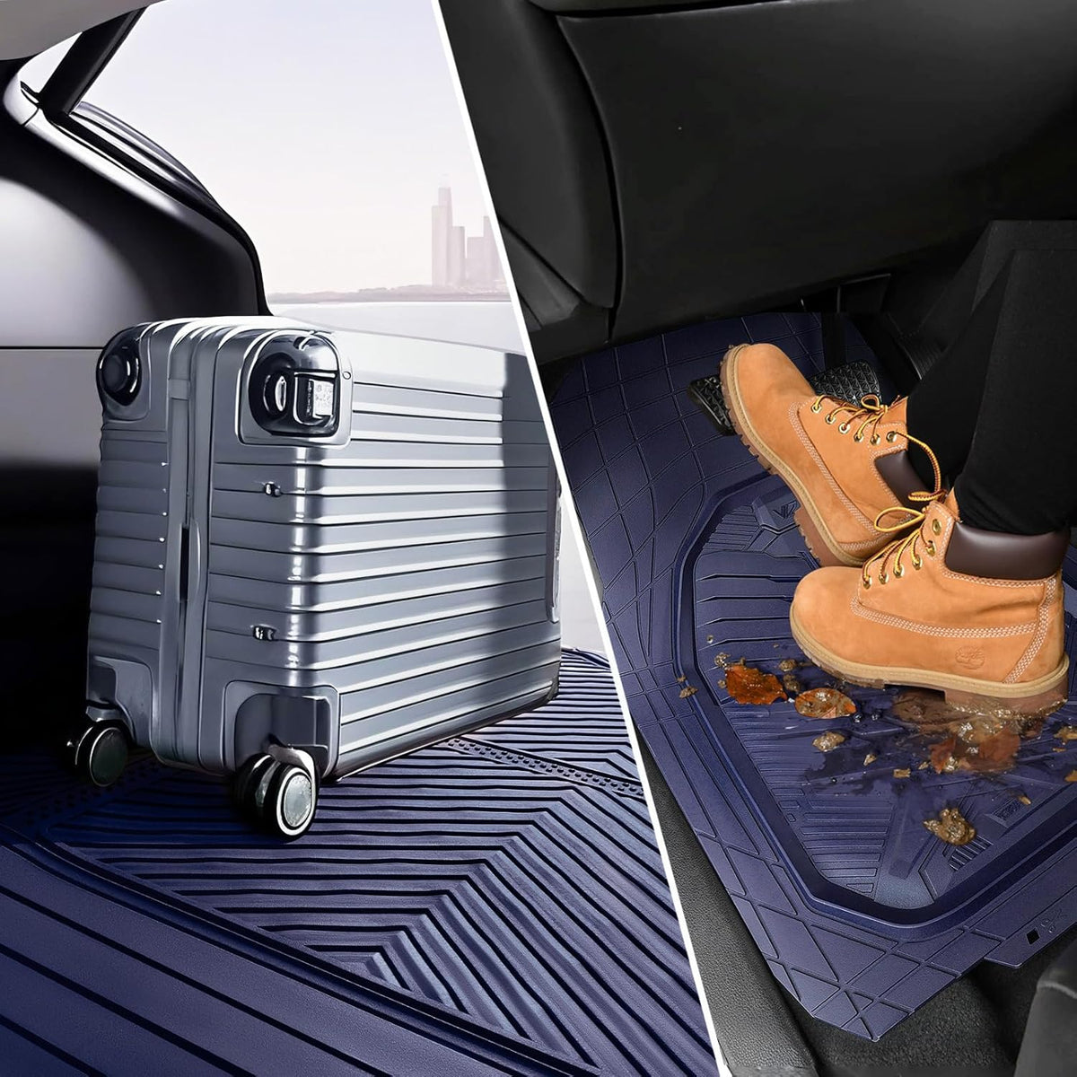 CAR PASS Heavy Duty Rubber Car Mats with Cargo Liner, Deep-Dish Car Floor Mats and Trunk Mat All Weather, Universal Trim-to-Fit for SUVs Trucks Sedans, Waterproof Anti-Slip, Trimmable V12 Black