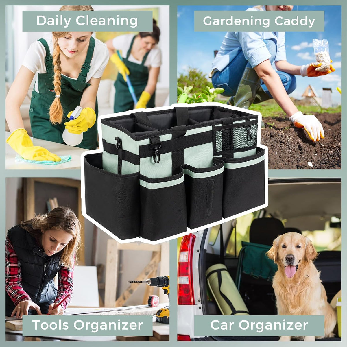SCAVATA Wearable Cleaning Caddy Organizer with Handle & Shoulder Straps for Housekeepers, Under Sink & Car Cleaning Tool Organizer Bag with 4 Foldable Dividers (Green)