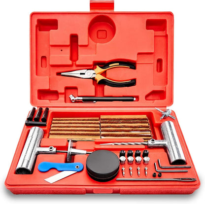 Tooluxe 50002L -35 Piece Tire Repair Universal Heavy Duty Tire Repair Kit with Plugs, Fix A Flat Tire Repair Kit, Ideal for Tires on Cars, Trucks, Motorcycles, ATV Roadside Emergency, Tire Plug Kit