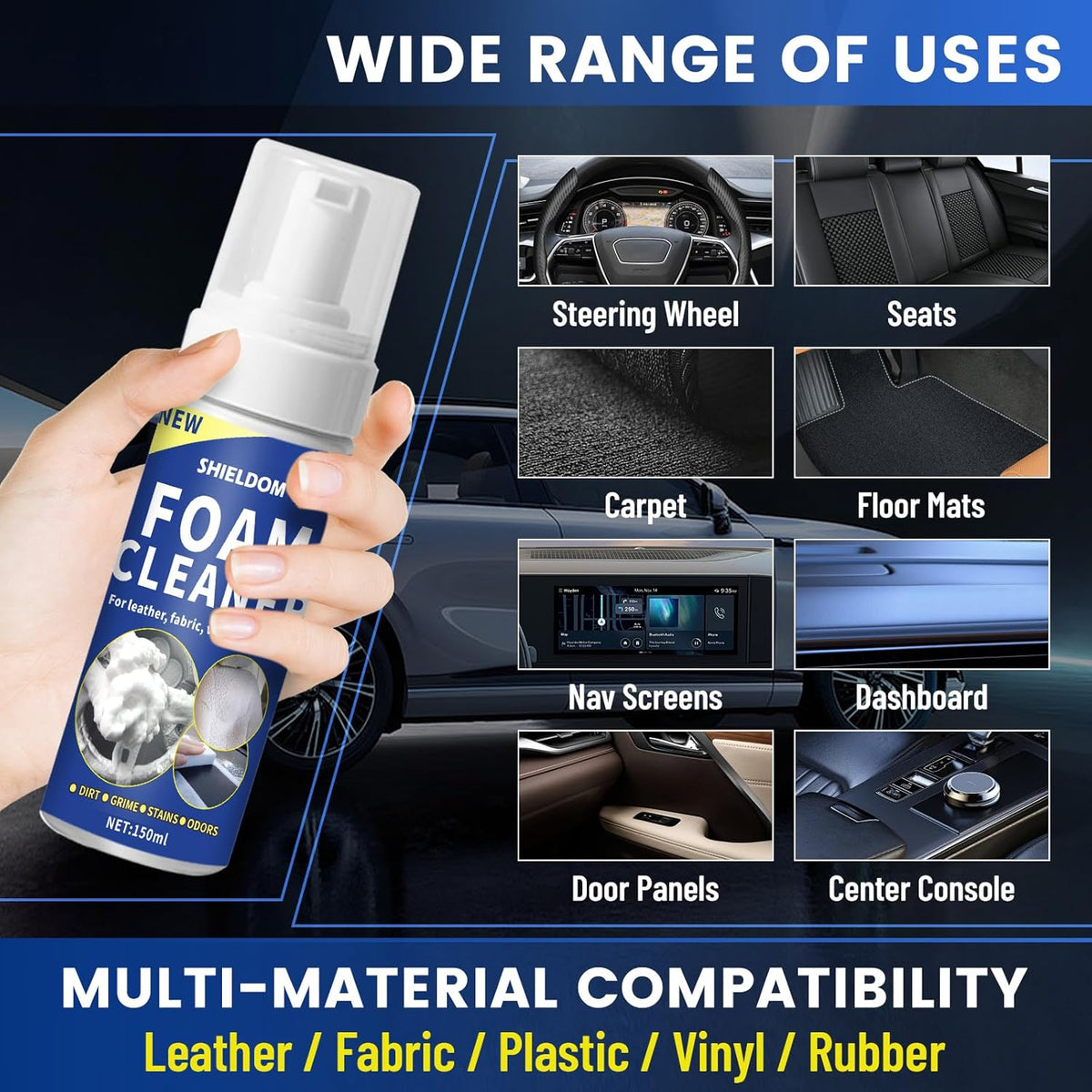 SHIELDOM Car Interior Cleaner Kit Multifunctional Car Seat Foam Cleaner Powerful Carpet Upholstery Stain Remover with Detailing Brush & Towel Safe for Cloth, Leather, Fabric, Vinyl & Plastic 5oz