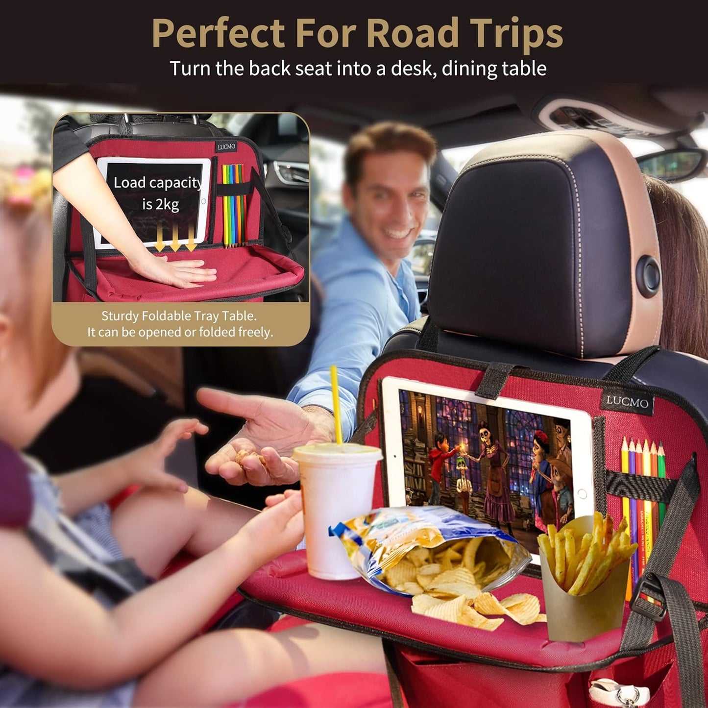 LUCMO Car Backseat Organizer with Tablet Holder,6 Storage Pockets Car Storage Organizer with Foldable Food Tray,Protectors Kick Mats Travel Accessories-Black