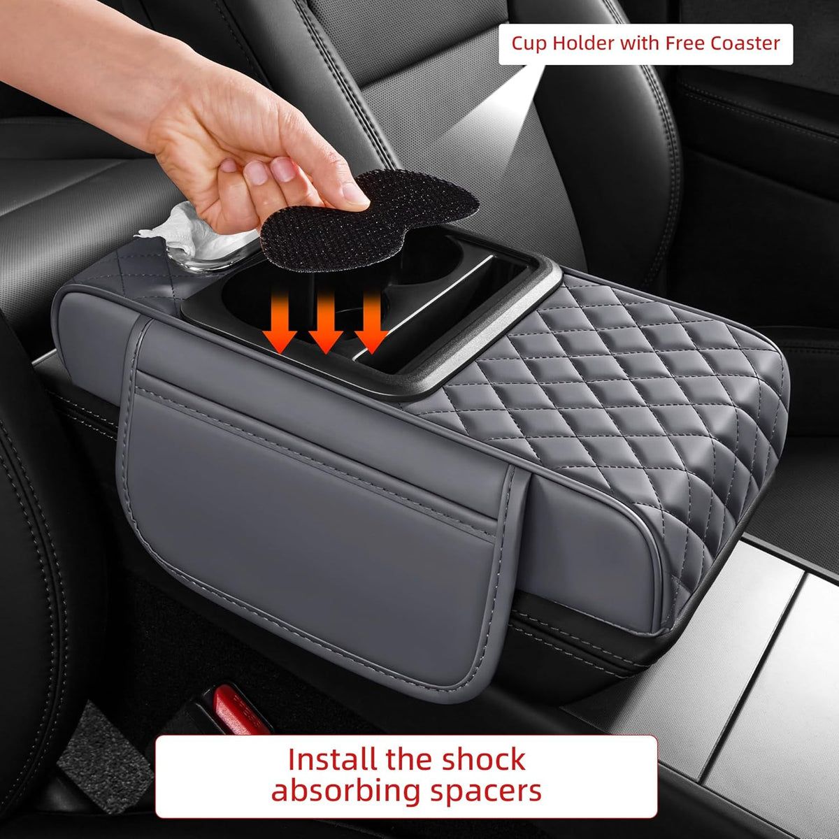 5 in 1 Car Center Console Cover, Armrest Pad with 2 Storage Pockets, Cup Holder, Tissue Slot, Phone Holder, Nappa Leather Memory Foam Car Accessories for SUV Sedan Truck (Black)