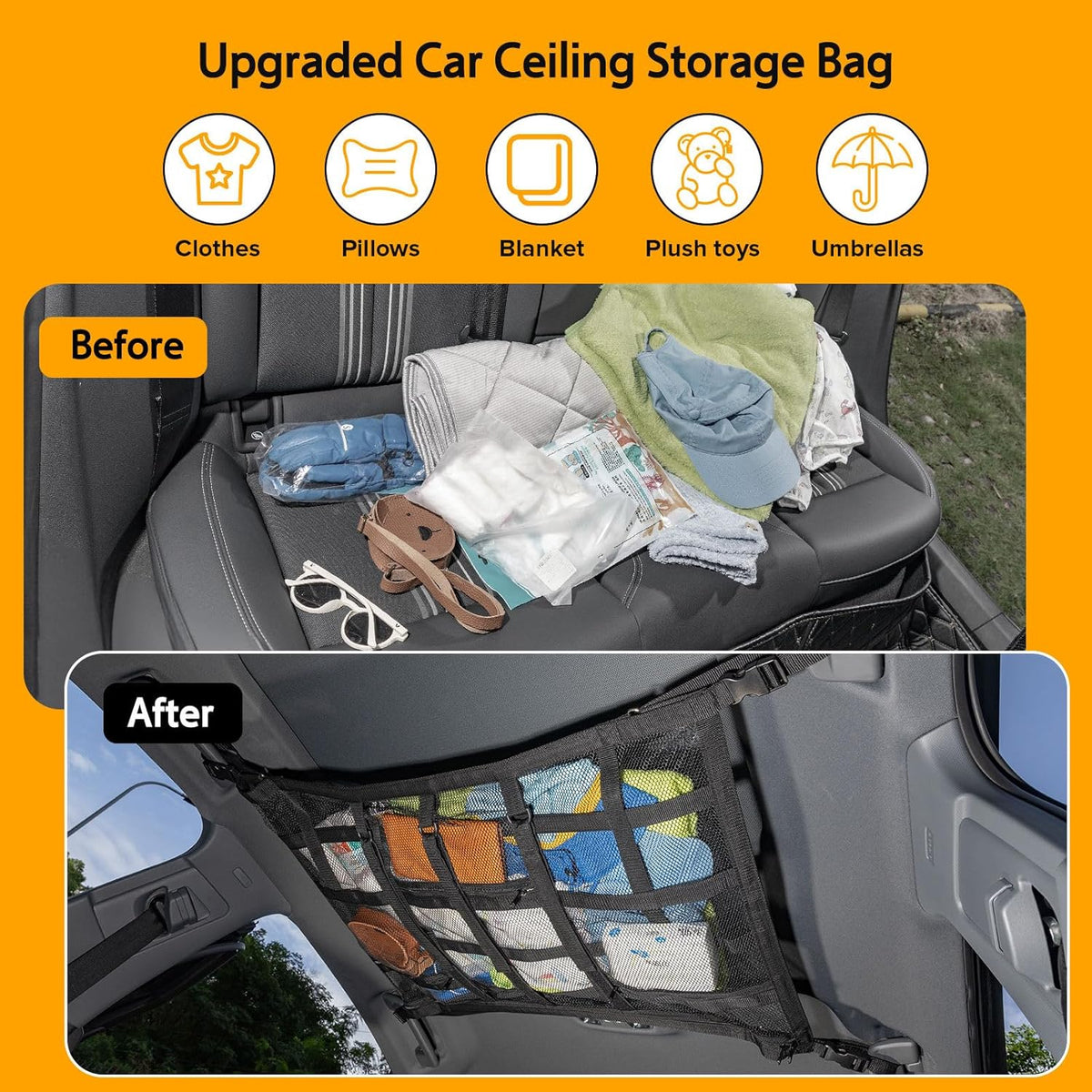 Car Ceiling Cargo Net with 3 Pockets,31.5"x21.6" Car Overhead Storage Mesh Organizer,Double Layer Roof Mesh Camping Overlanding Gear Must Haves Cargo Net,Road Trip Essentials (31.5"x 21.6")