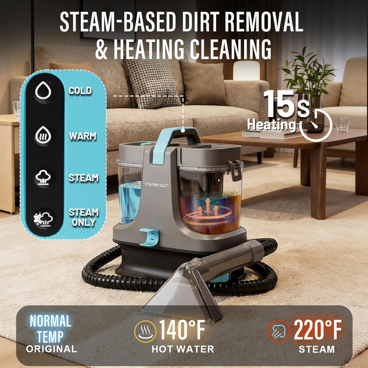 Starrybot Portable Carpet Cleaner Machine with Steam and Heating Techology,18Kpa Powerful Suction with Versatile Tools for Pets, Couch,Spot Cleaner for Stairs/Furniture/Rug(Gray)(AC0205)
