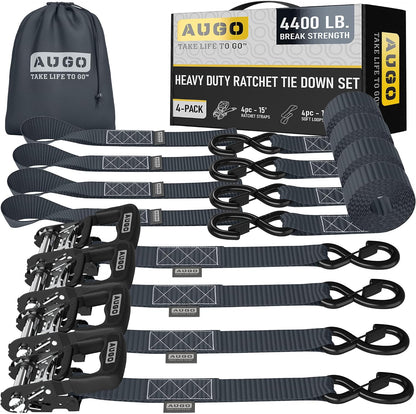 AUGO Ratchet Straps Heavy Duty 4 Pack -15 FT - 2200 LB Break Strength – with Safety Lock S Hooks - Cargo Straps for Moving, Appliances, Motorcycle – Soft Loop Tie Down Straps