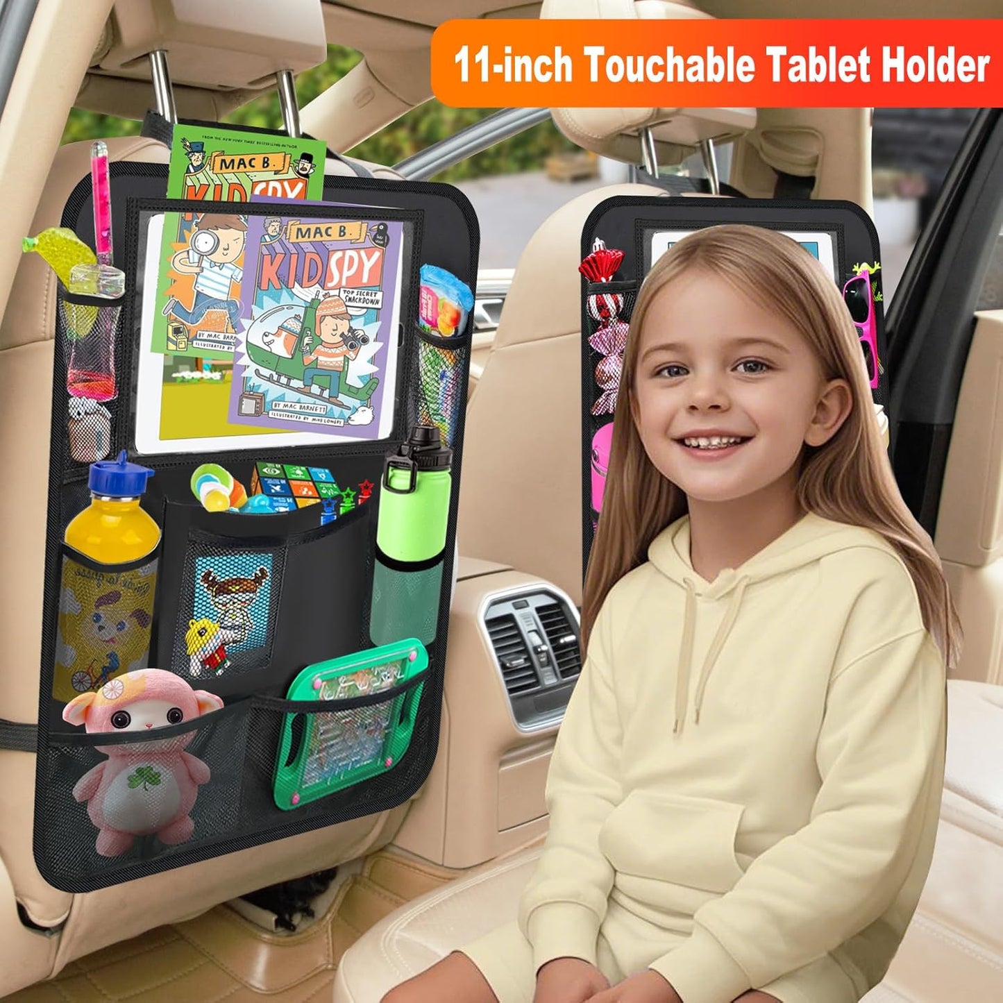 2Pack Car Backseat Organizer with Foldable Table Tray,6 Storage Pockets Car Storage Organizer with Tablet Holder,Car Seat Back Protectors Kick Mats Travel Accessories (Black)
