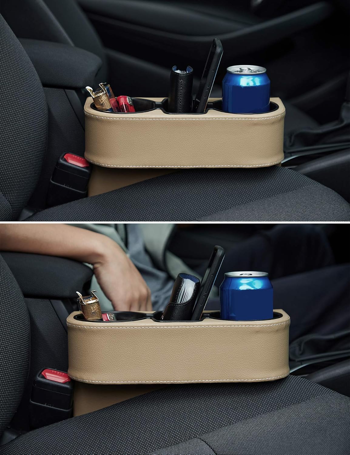 IOKONE Car Cup Holder, Auto Cup Drink Holders，Multifunctional Auto Front Seat Organizer with PU Leather Cover, Gap Filler Storage Box Coin Bucket Console Side Pocket Cell Mobile Phone Holder (Black)