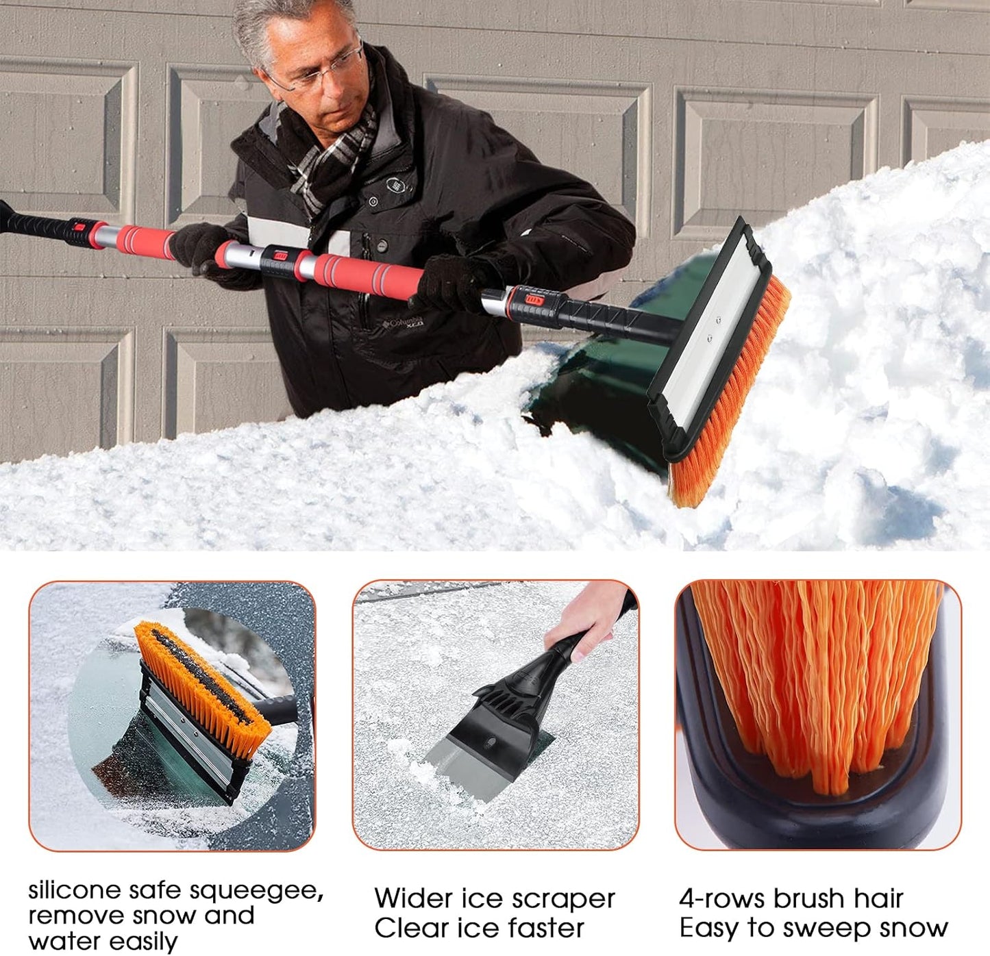 62.4" Snow Brush - Ice Scrapers for Car Windshield, 360°Pivoting Brush Head, Comfortable Foam Grip, Extendable Snow Removal Car Brush for Trucks SUVs, Essential Winter Tool
