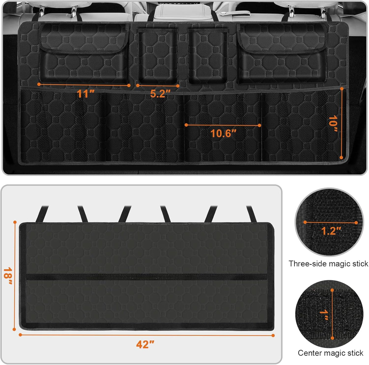 esouler Car Trunk Organizer, Super Capacity Backseat Car Organizer for SUV/Truck/MPV(42"*18"), Hanging Car Storage Organizer with 8 Pocekts, Car Accessories for Women and Men- Black
