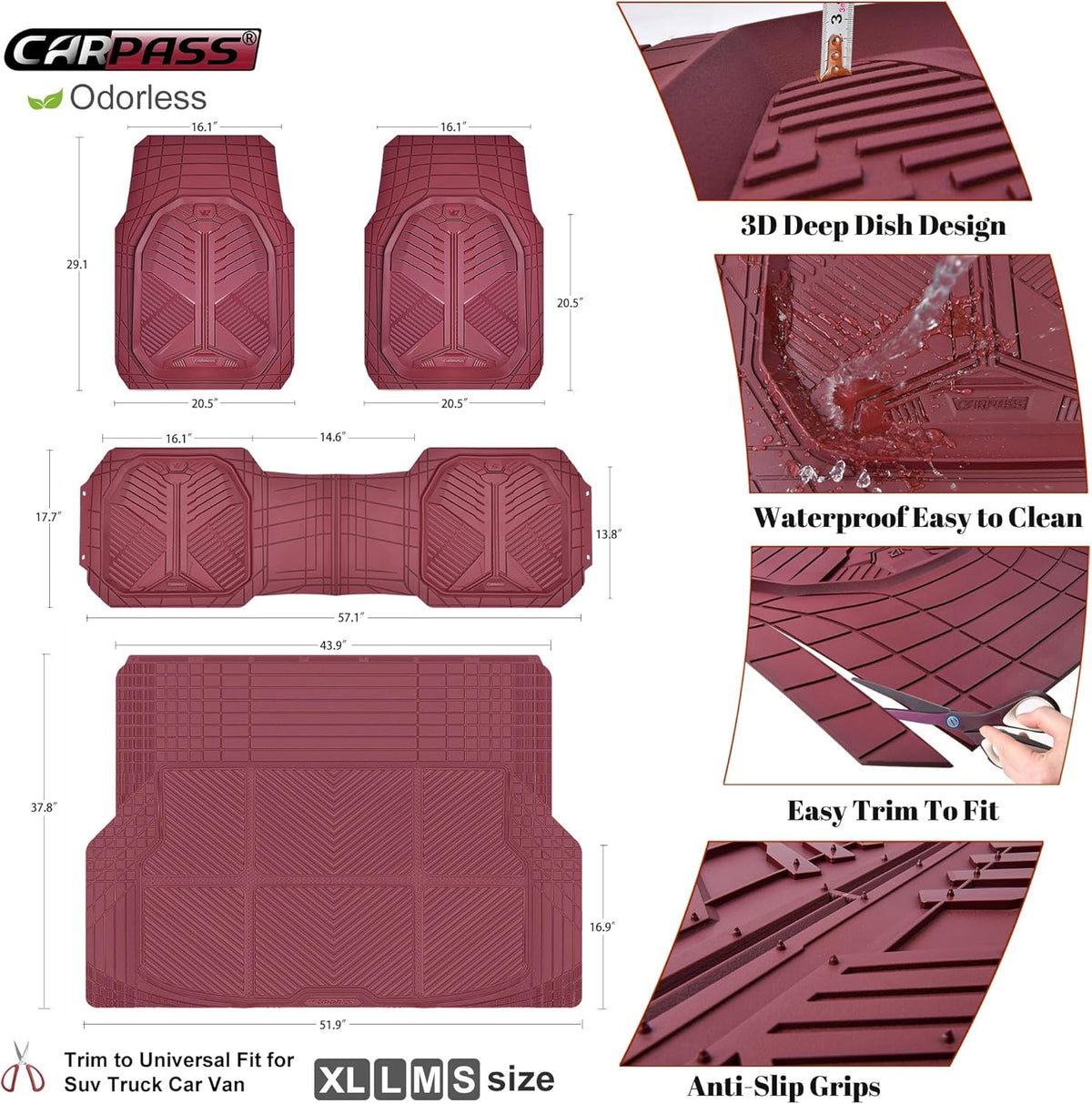 CAR PASS Heavy Duty Rubber Car Mats with Cargo Liner, Deep-Dish Car Floor Mats and Trunk Mat All Weather, Universal Trim-to-Fit for SUVs Trucks Sedans, Waterproof Anti-Slip, Trimmable V12 Black