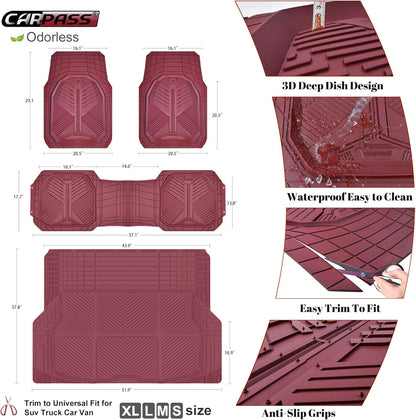 CAR PASS Heavy Duty Rubber Car Mats with Cargo Liner, Deep-Dish Car Floor Mats and Trunk Mat All Weather, Universal Trim-to-Fit for SUVs Trucks Sedans, Waterproof Anti-Slip, Trimmable V12 Black