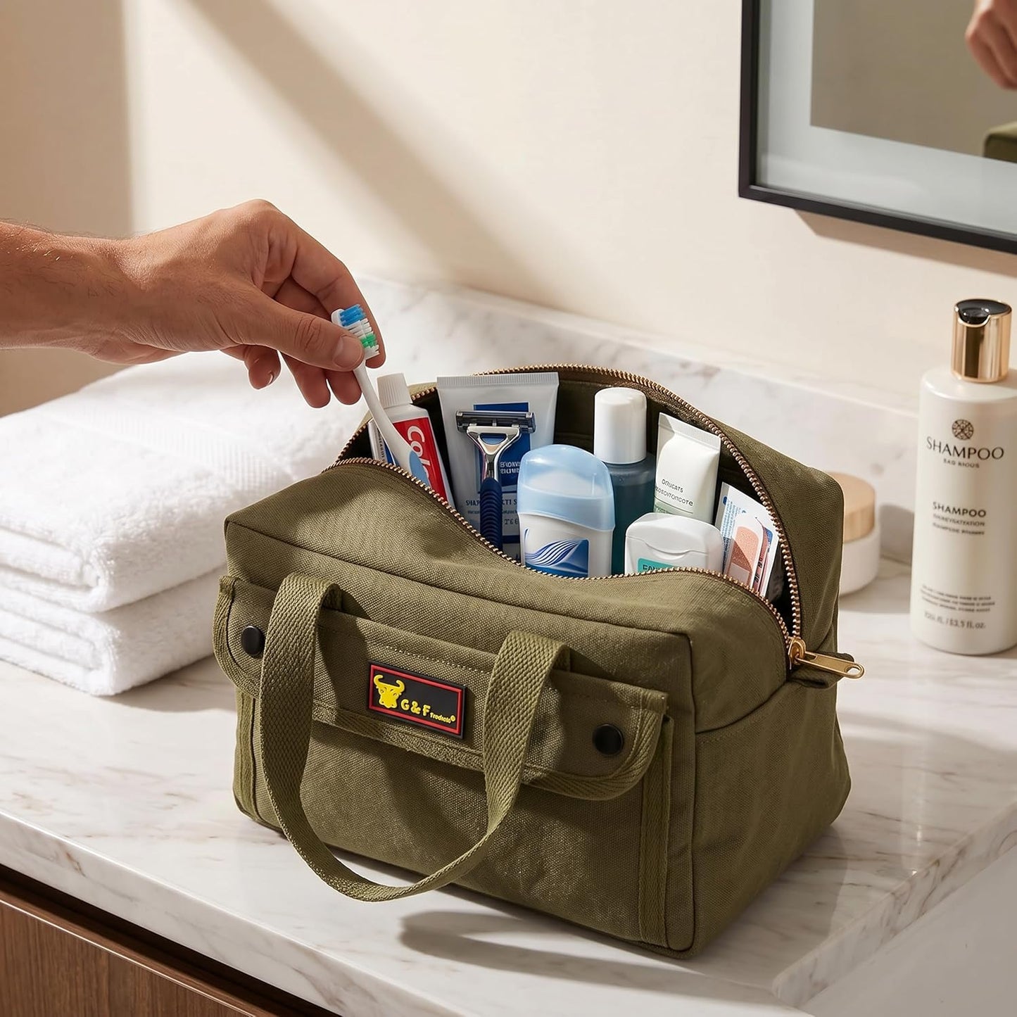 Waxed Canvas All Purpose Military Style Duffle Bag, Water-Resistant, Adjustable Strap, Fully Lined, Double Zipper Closure, heavy Duty, Olive Green